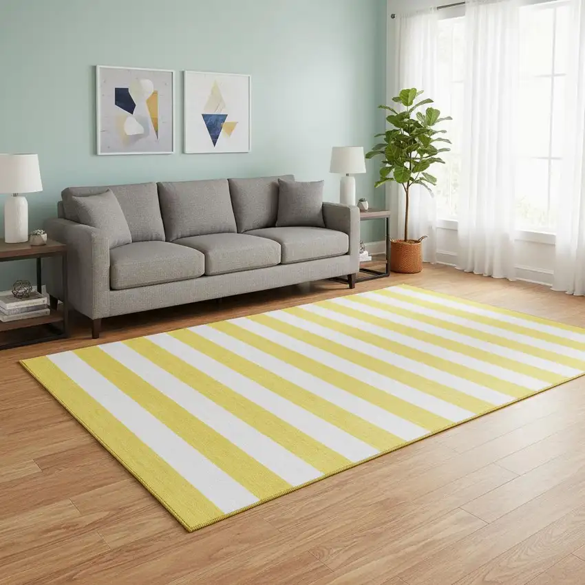 Yellow And Ivory Striped Washable Area Rug With UV Protection Photo 2