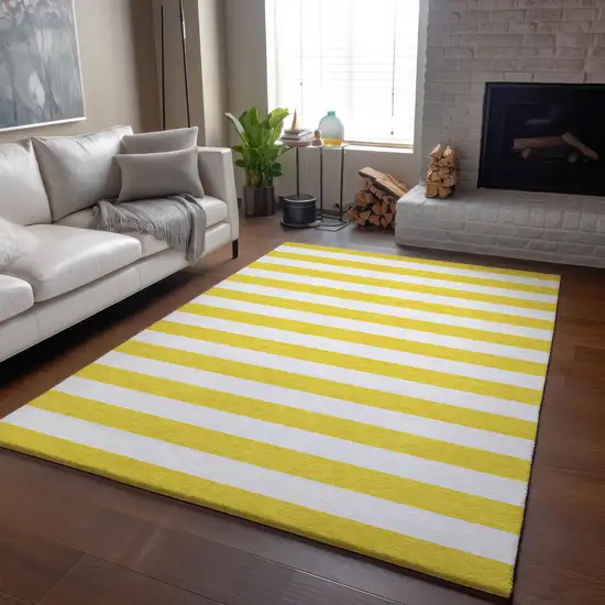 Yellow And Ivory Striped Washable Area Rug With UV Protection Photo 6