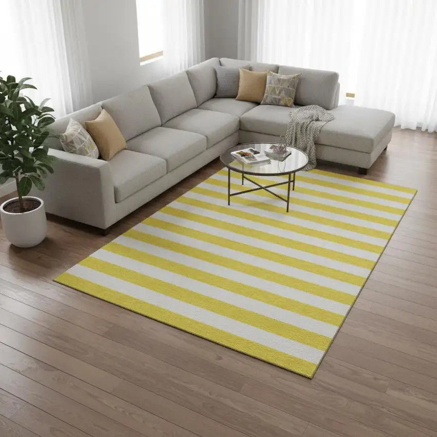 Yellow And Ivory Striped Washable Area Rug With UV Protection Photo 2