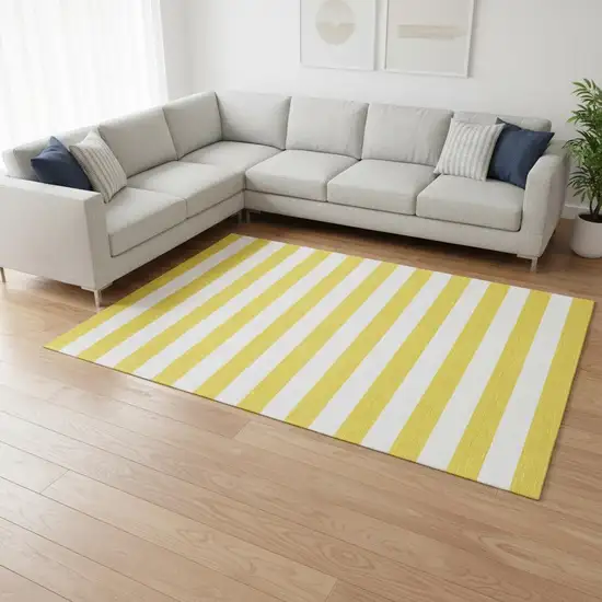 Yellow And Ivory Striped Washable Area Rug With UV Protection Photo 1