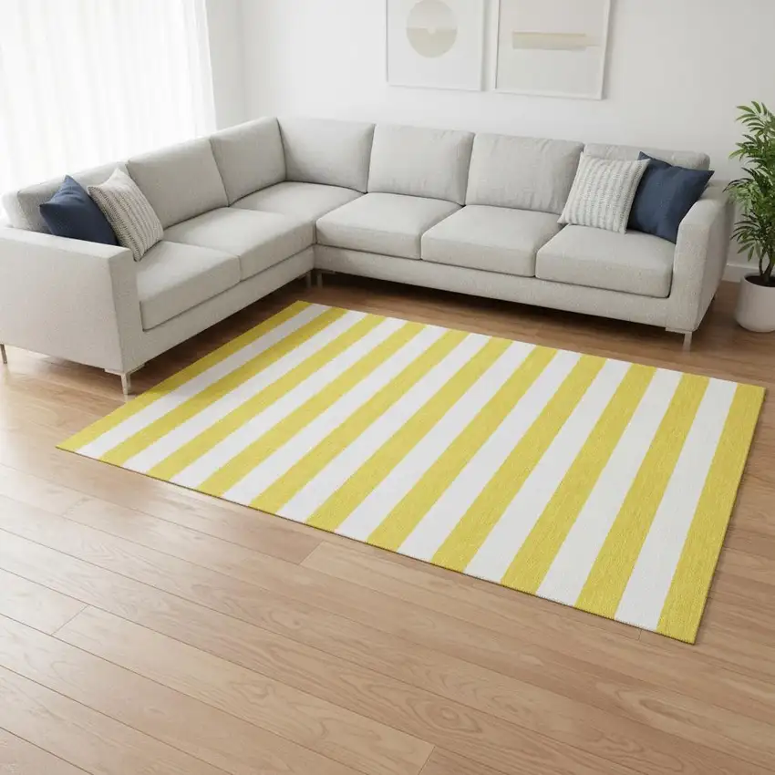 Yellow And Ivory Striped Washable Area Rug With UV Protection Photo 1