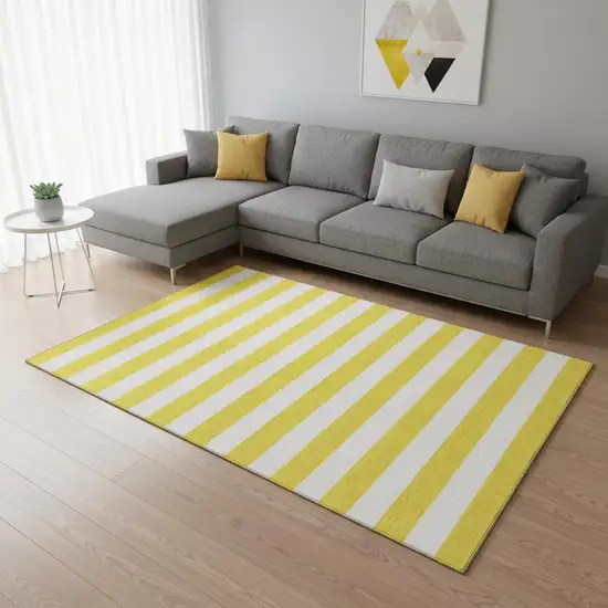Yellow And Ivory Striped Washable Area Rug With UV Protection Photo 2