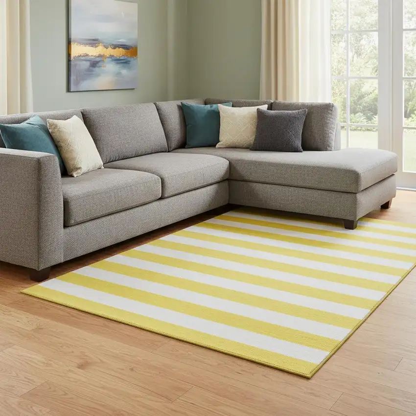 Yellow And Ivory Striped Washable Area Rug With UV Protection Photo 1