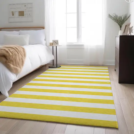 Yellow And Ivory Striped Washable Area Rug With UV Protection Photo 6