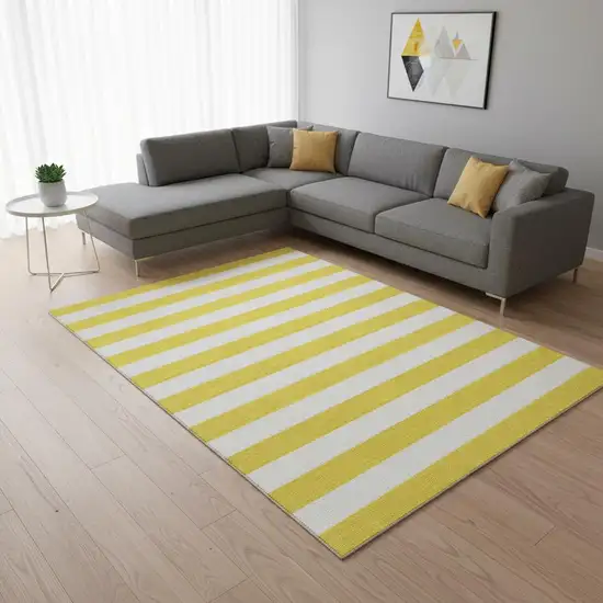 Yellow And Ivory Striped Washable Area Rug With UV Protection Photo 3