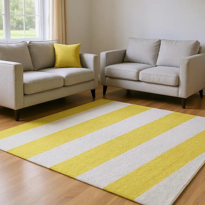Yellow And Ivory Striped Washable Area Rug With UV Protection Photo 2