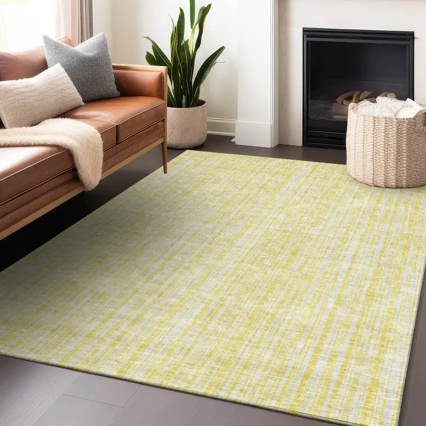 Yellow And Ivory Striped Washable Area Rug With UV Protection Photo 1
