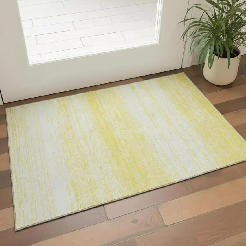 Yellow And Ivory Striped Washable Area Rug With UV Protection Photo 1