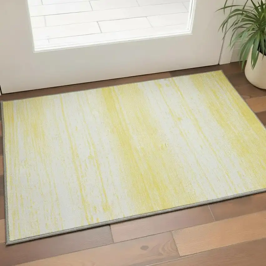 Yellow And Ivory Striped Washable Area Rug With UV Protection Photo 2