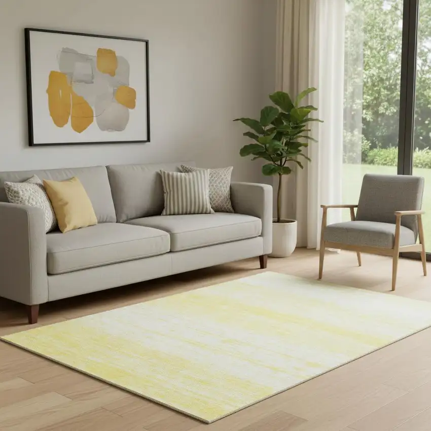 Yellow And Ivory Striped Washable Area Rug With UV Protection Photo 1