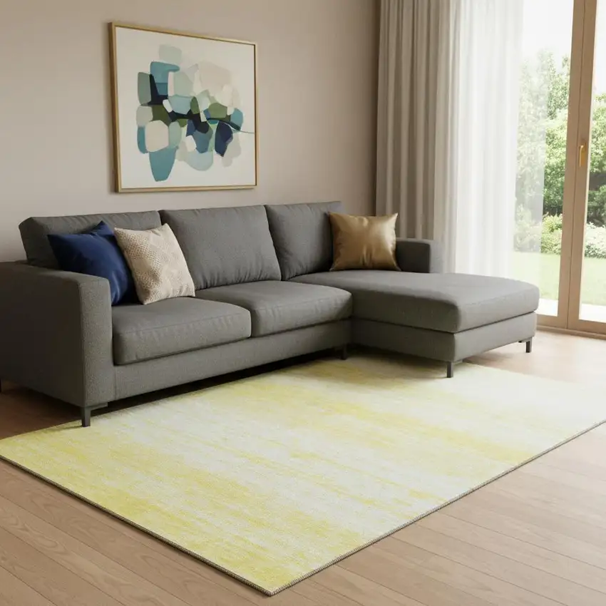 Yellow And Ivory Striped Washable Area Rug With UV Protection Photo 1