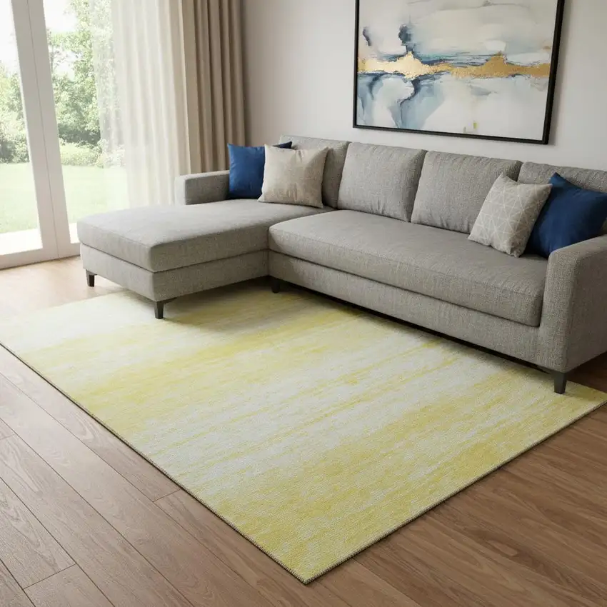 Yellow And Ivory Striped Washable Area Rug With UV Protection Photo 1