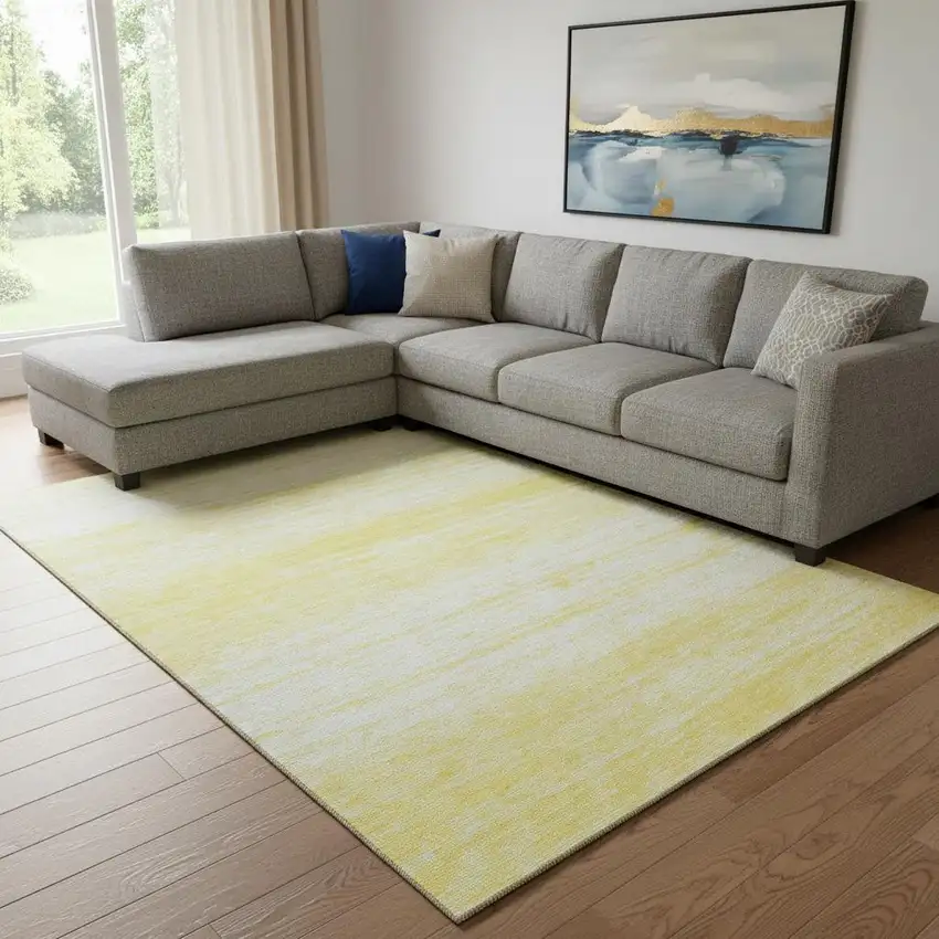 Yellow And Ivory Striped Washable Area Rug With UV Protection Photo 1