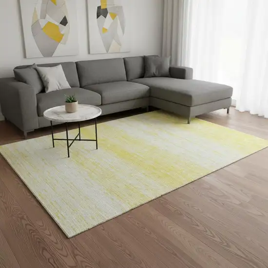 Yellow And Ivory Striped Washable Area Rug With UV Protection Photo 2