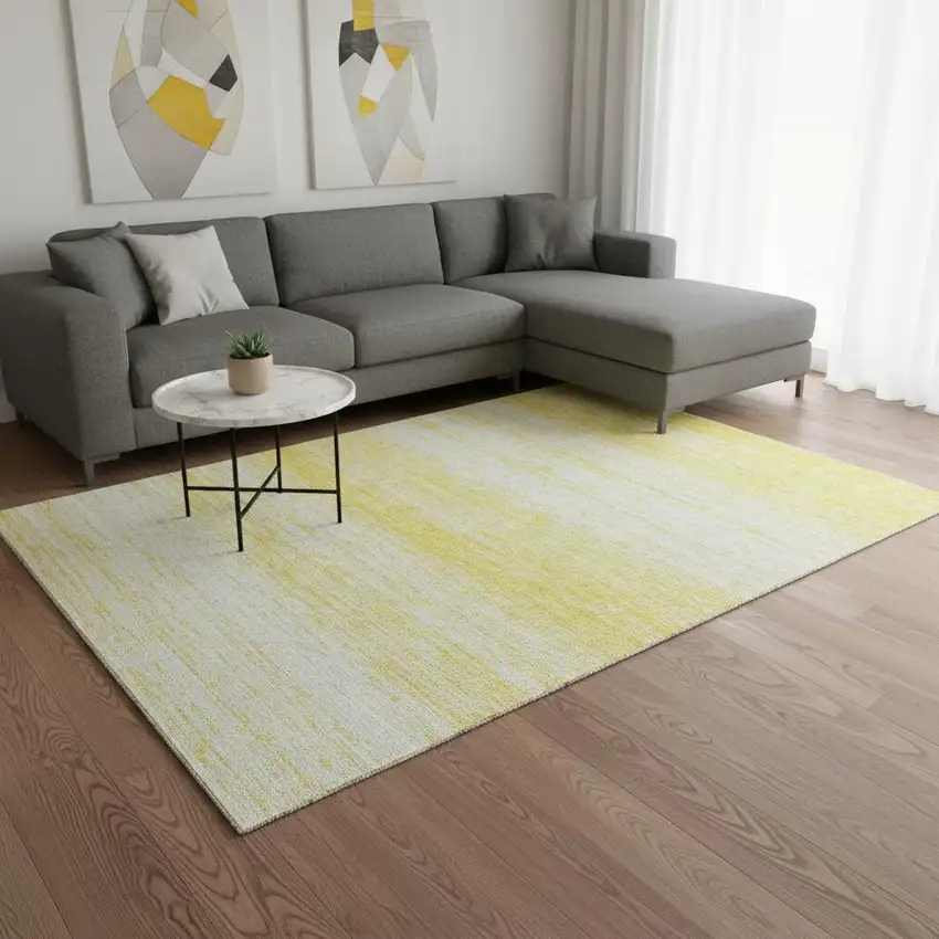 Yellow And Ivory Striped Washable Area Rug With UV Protection Photo 2