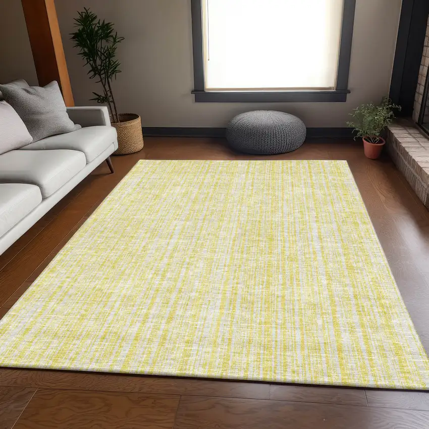 Yellow And Ivory Striped Washable Indoor Outdoor Area Rug Photo 6