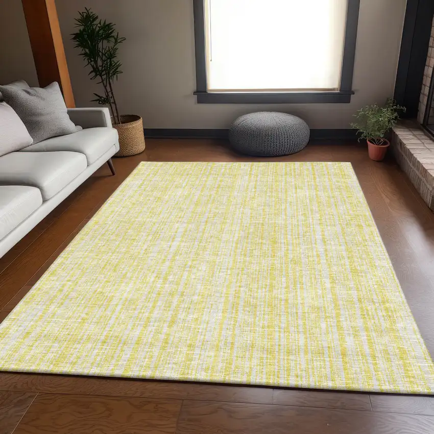 Yellow And Ivory Striped Washable Indoor Outdoor Area Rug Photo 6