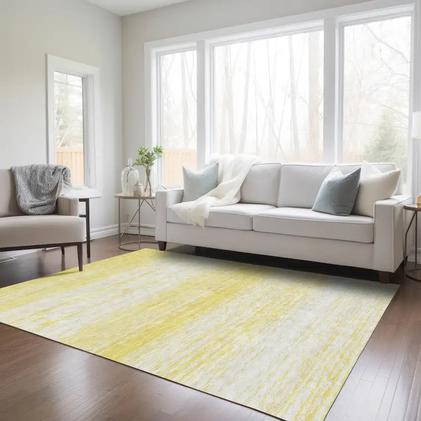 Yellow And Ivory Striped Washable Indoor Outdoor Area Rug Photo 9