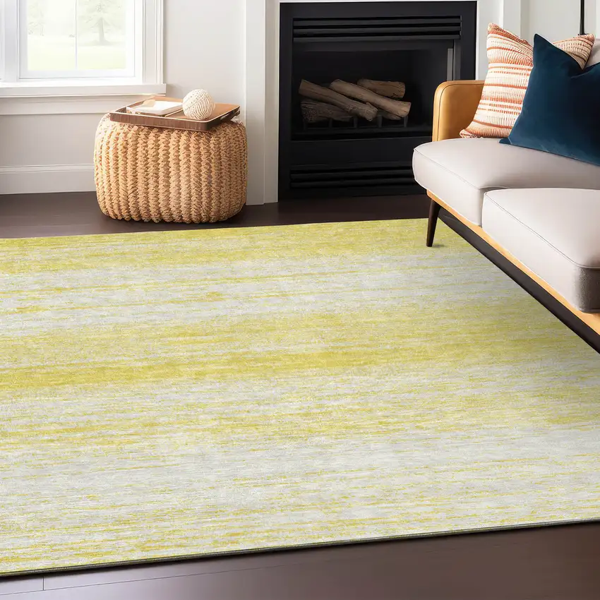 Yellow And Ivory Striped Washable Indoor Outdoor Area Rug Photo 8