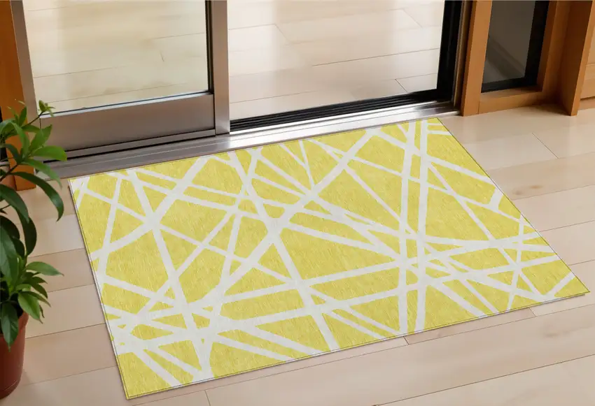 Yellow And Linen Geometric Washable Indoor Outdoor Area Rug Photo 1