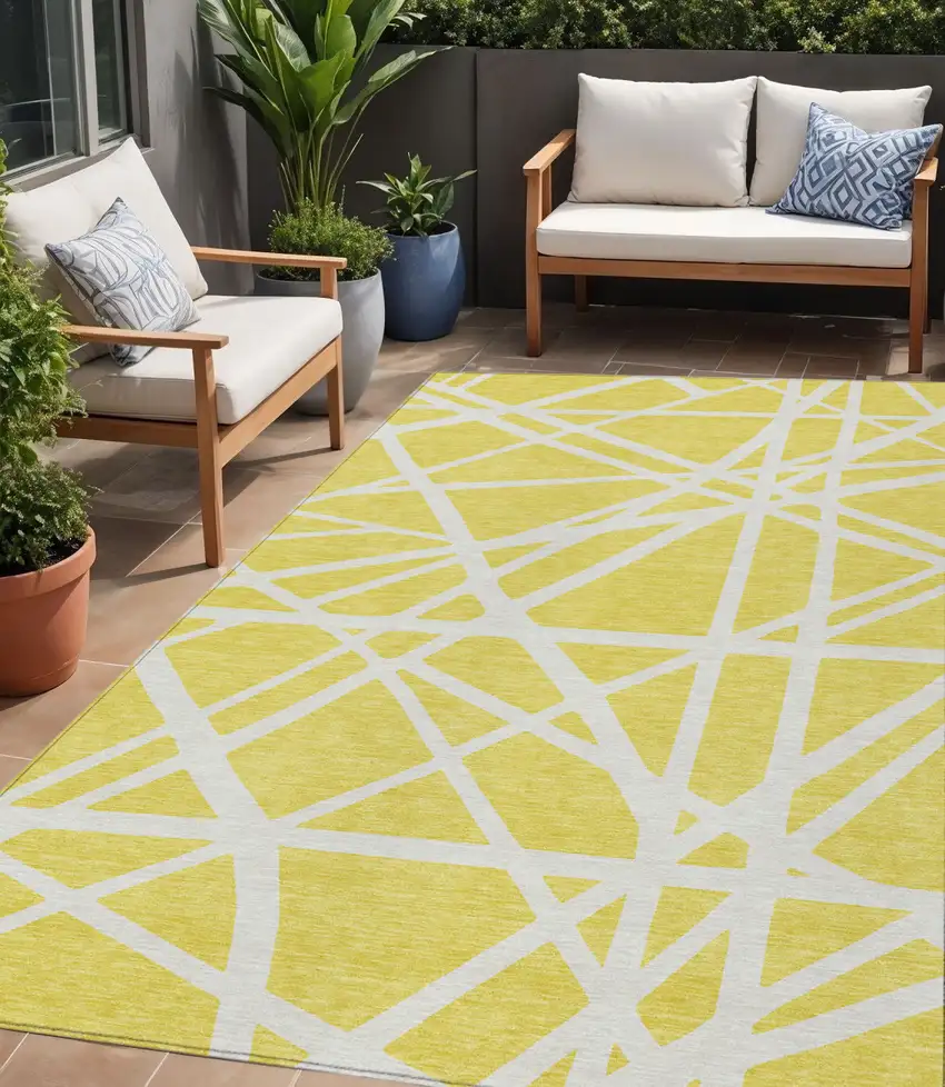 Yellow And Linen Geometric Washable Indoor Outdoor Area Rug Photo 1