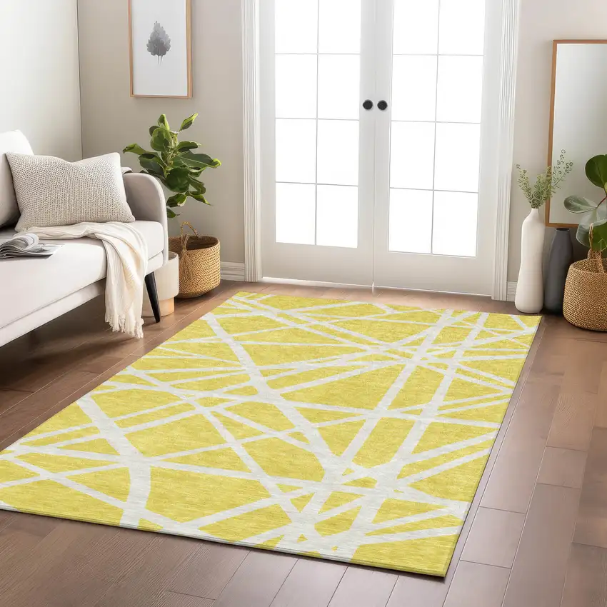 Yellow And Linen Geometric Washable Indoor Outdoor Area Rug Photo 9
