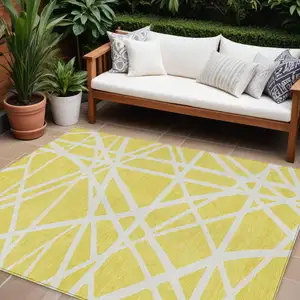 Photo of Yellow And Linen Geometric Washable Indoor Outdoor Area Rug