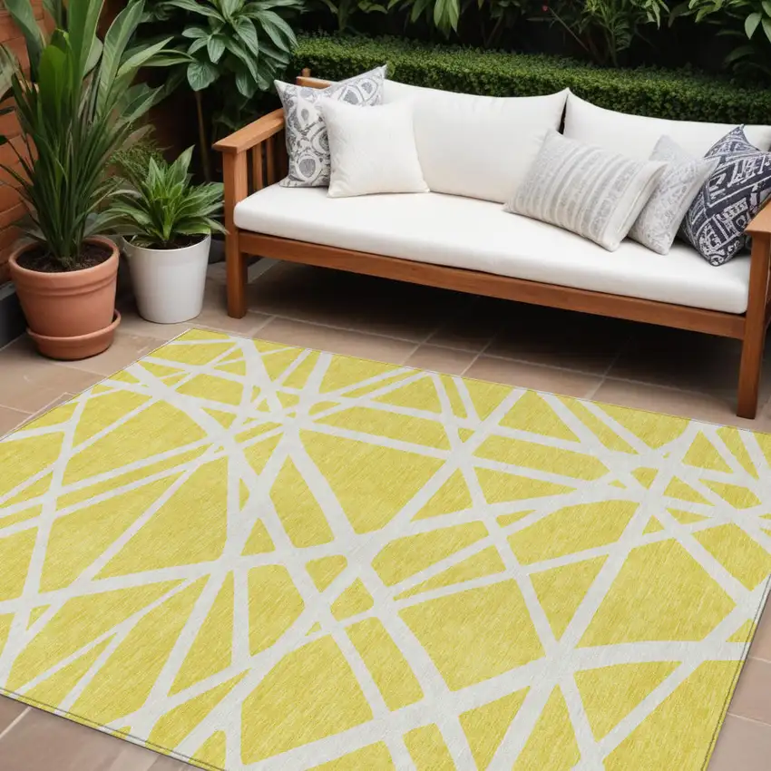 Yellow And Linen Geometric Washable Indoor Outdoor Area Rug Photo 1