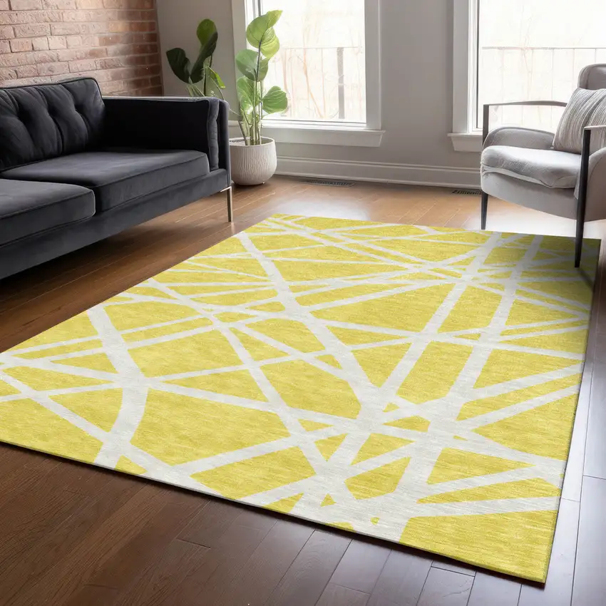 Yellow And Linen Geometric Washable Indoor Outdoor Area Rug Photo 9