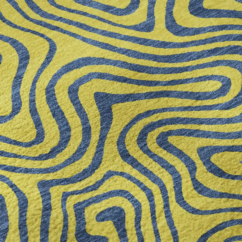 Yellow And Navy Blue Abstract Washable Area Rug With UV Protection Photo 9