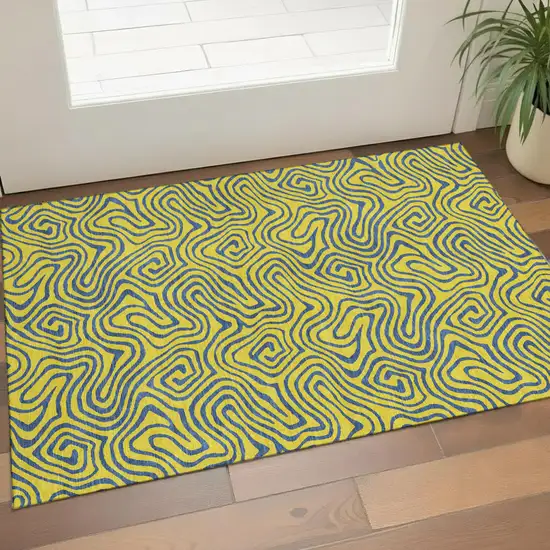 Yellow And Navy Blue Abstract Washable Area Rug With UV Protection Photo 1