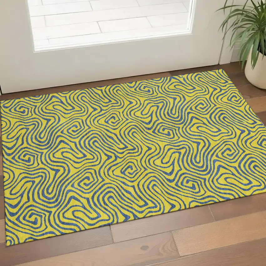 Yellow And Navy Blue Abstract Washable Area Rug With UV Protection Photo 1