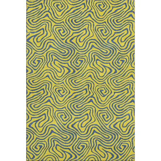Yellow And Navy Blue Abstract Washable Area Rug With UV Protection Photo 1