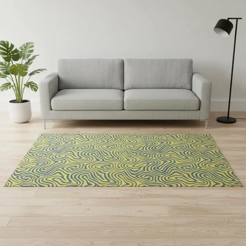 Yellow And Navy Blue Abstract Washable Area Rug With UV Protection Photo 2