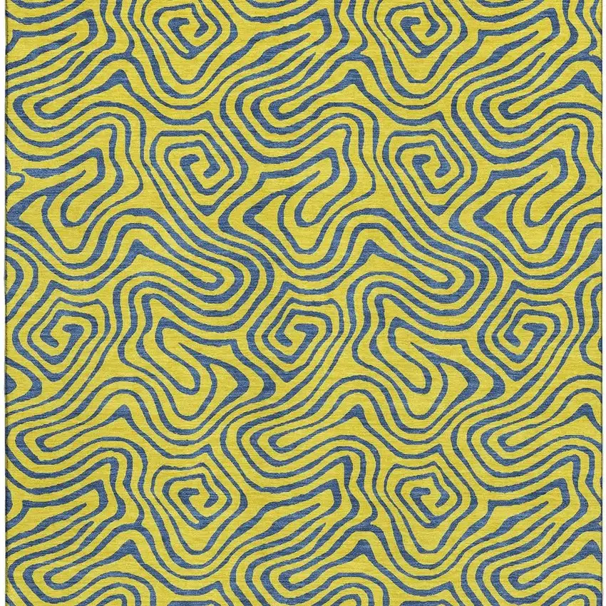 Yellow And Navy Blue Abstract Washable Area Rug With UV Protection Photo 3