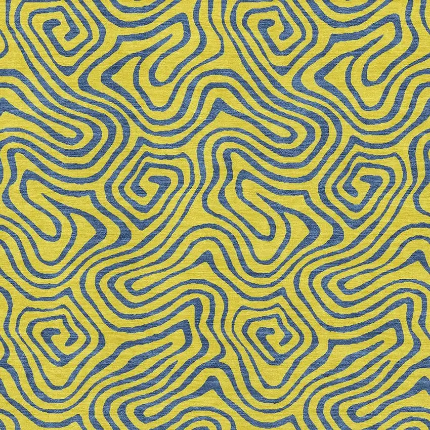 Yellow And Navy Blue Abstract Washable Area Rug With UV Protection Photo 2