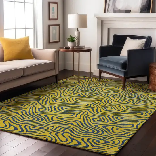 Yellow And Navy Blue Abstract Washable Area Rug With UV Protection Photo 4