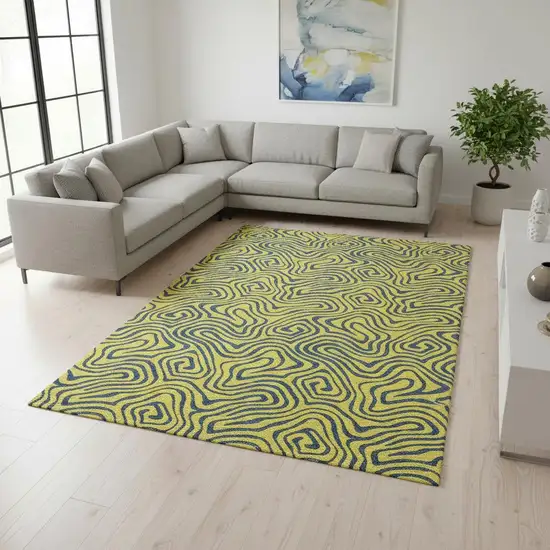 Yellow And Navy Blue Abstract Washable Area Rug With UV Protection Photo 2