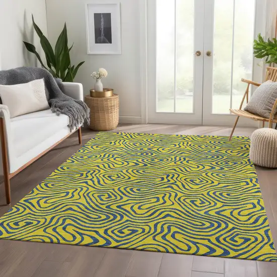 Yellow And Navy Blue Abstract Washable Area Rug With UV Protection Photo 5