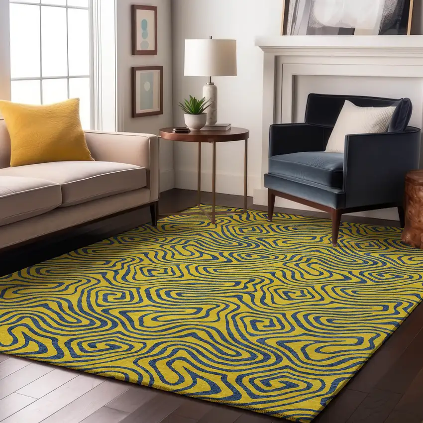 Yellow And Navy Blue Abstract Washable Area Rug With UV Protection Photo 3