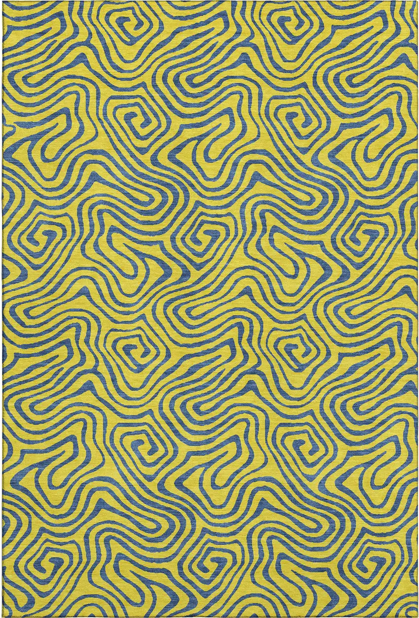 Yellow And Navy Blue Abstract Washable Area Rug With UV Protection Photo 1