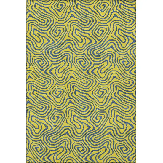 Yellow And Navy Blue Abstract Washable Area Rug With UV Protection Photo 2