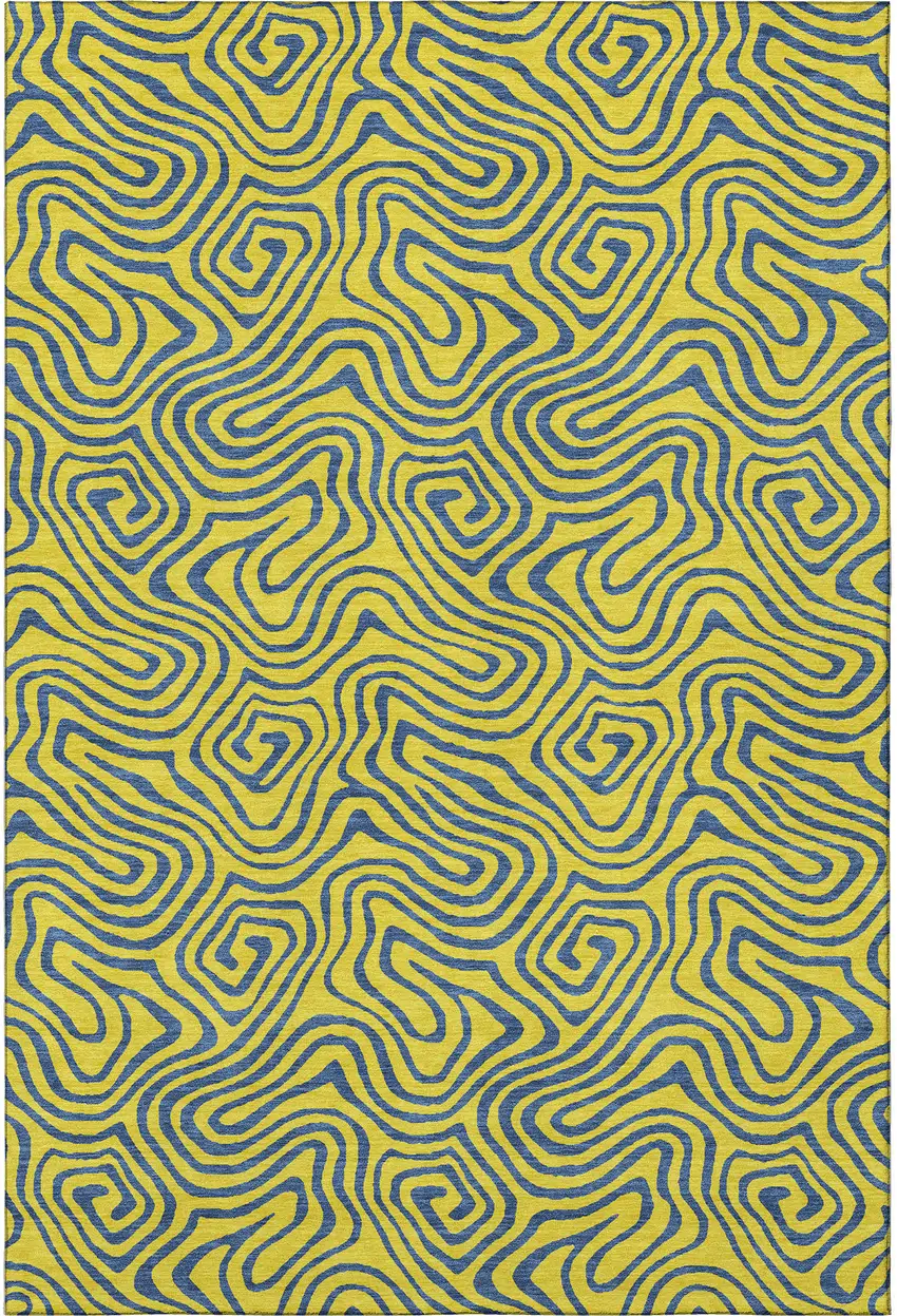 Yellow And Navy Blue Abstract Washable Area Rug With UV Protection Photo 2