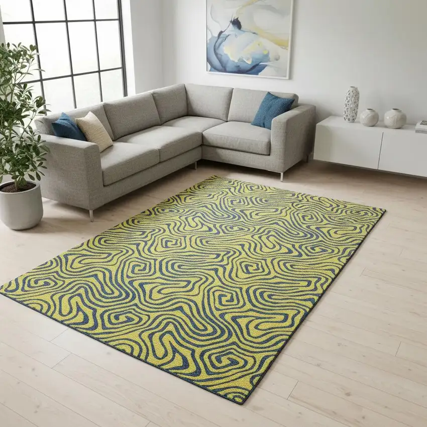 Yellow And Navy Blue Abstract Washable Area Rug With UV Protection Photo 2