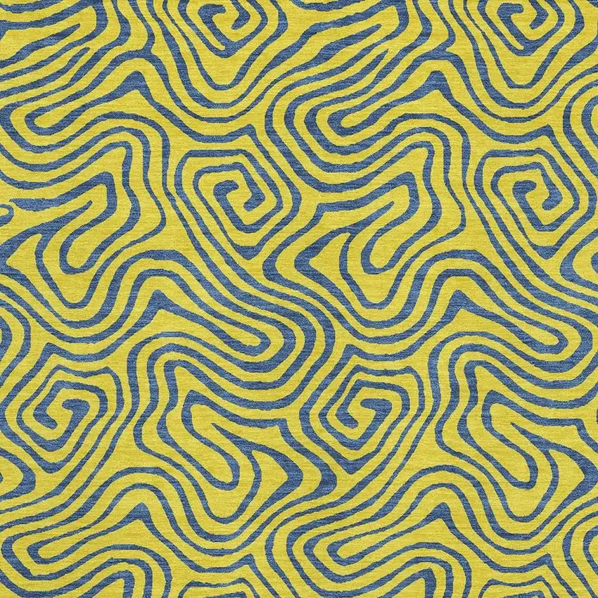 Yellow And Navy Blue Abstract Washable Area Rug With UV Protection Photo 2