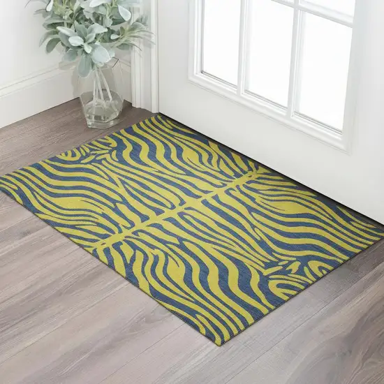 Yellow And Navy Blue Animal Print Washable Area Rug With UV Protection Photo 2