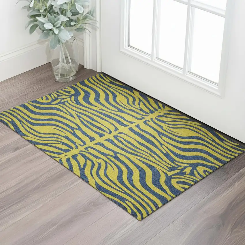 Yellow And Navy Blue Animal Print Washable Area Rug With UV Protection Photo 2