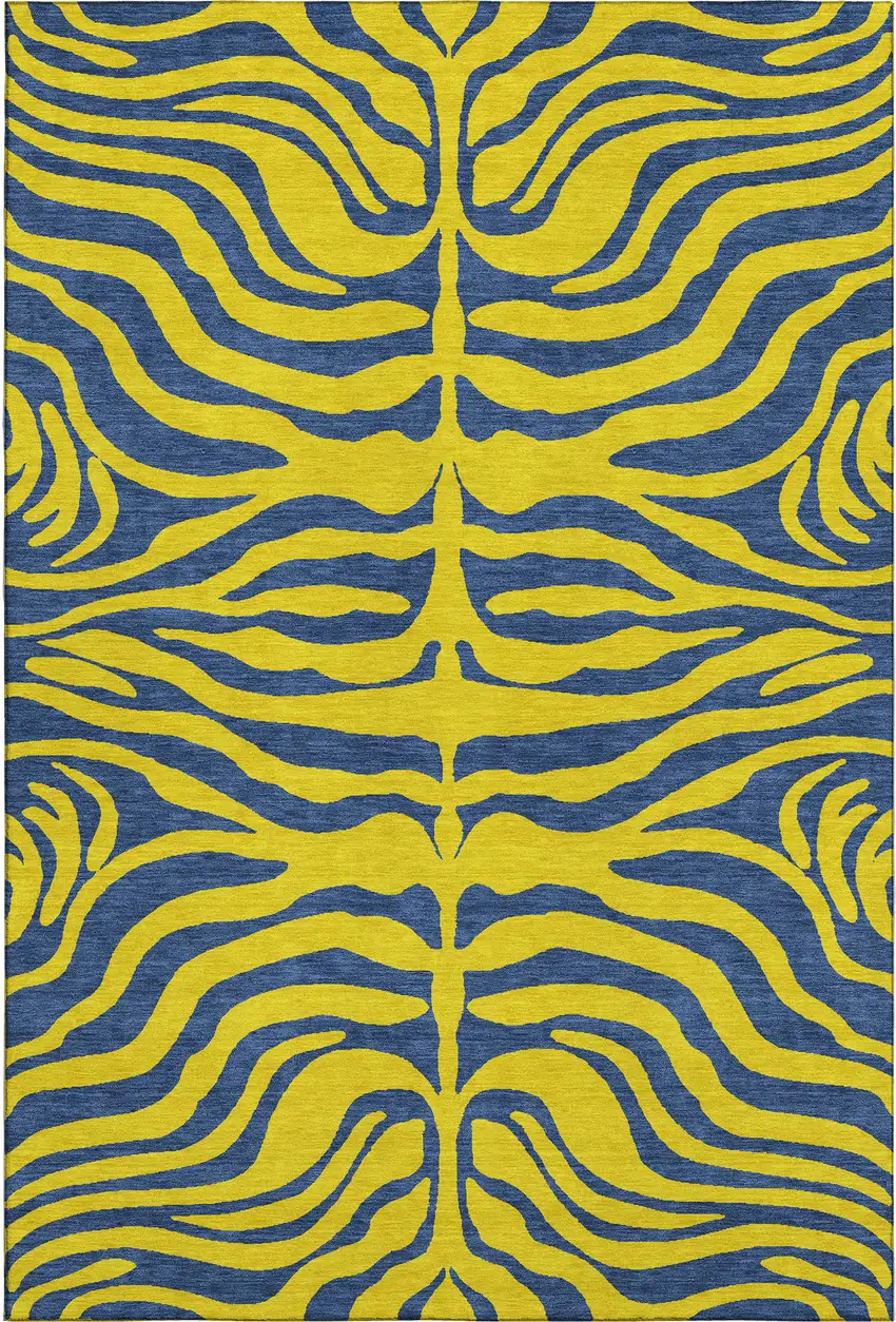Yellow And Navy Blue Animal Print Washable Area Rug With UV Protection Photo 1