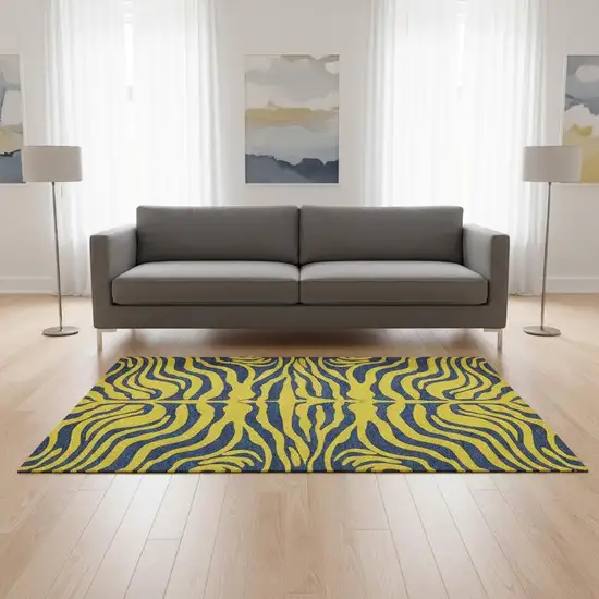 Yellow And Navy Blue Animal Print Washable Area Rug With UV Protection Photo 2