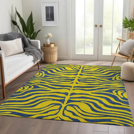 Yellow And Navy Blue Animal Print Washable Area Rug With UV Protection Photo 5